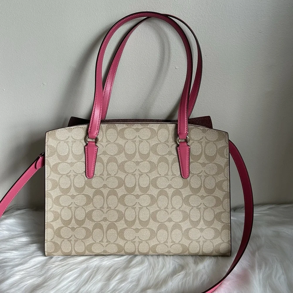 Coach Tatum Carryall 28 Khaki‎ Pink Signature Canvas Leather Bag Excellent